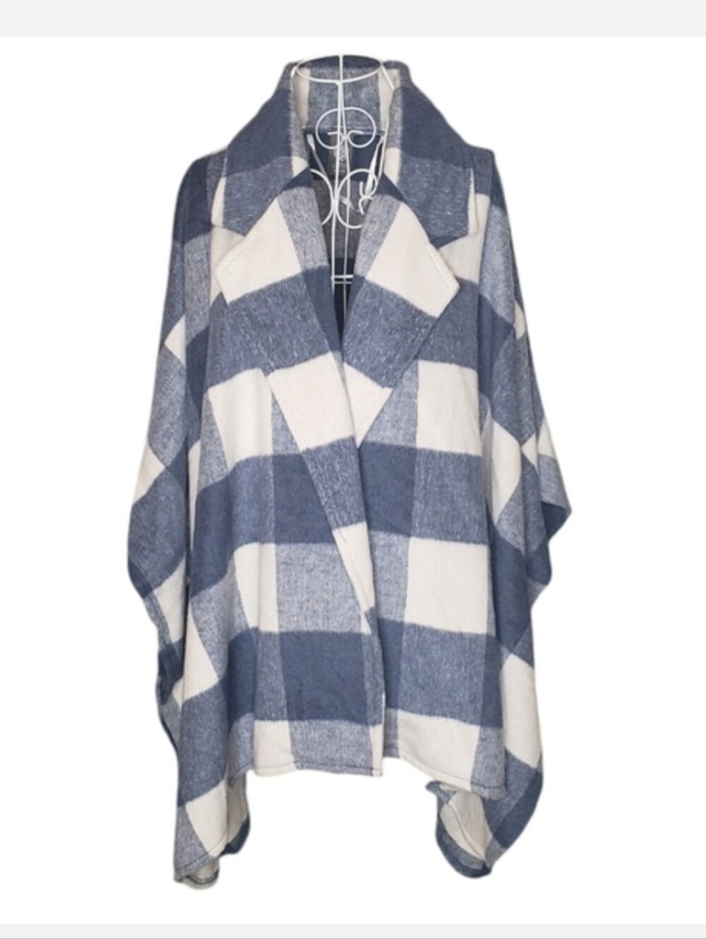 Vince Camuto Large Gingham Cardigan Poncho In Blue & White One Size Fits Most